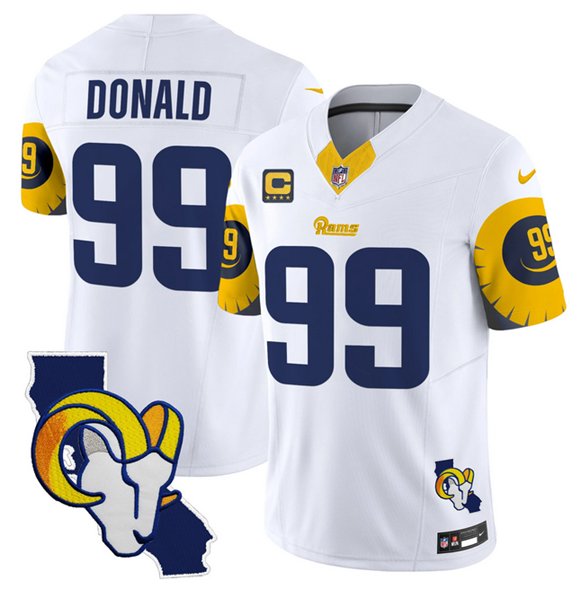 Men's White Los Angeles Rams #99 Aaron Donald 2025 4-Star C Patch F.U.S.E. V2 Limited Stitched Football Jersey